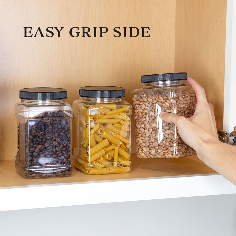 Cornucopia Brands 48oz Square Plastic Jars (3-Pack); Clear Rectangular 6-Cup Canisters w/Black Lids, Easy-Grip Side - Image 3